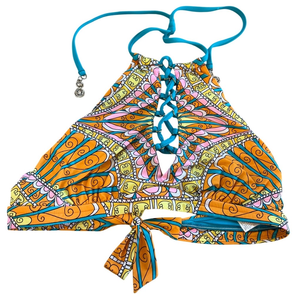Trina Turk Women Orange Geometric High Neck Lace Up Halter Bikini Top 12 Tribal